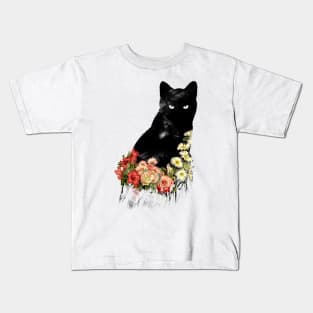 Black Cat Vintage Flower Good Luck by Tobe Fonseca Kids T-Shirt